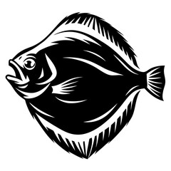 Black and White Illustration of a Flatfish with Mouth Open in Simple Style