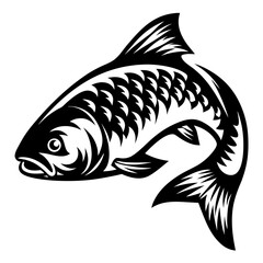 A dynamic black and white fish illustration with flowing lines and details