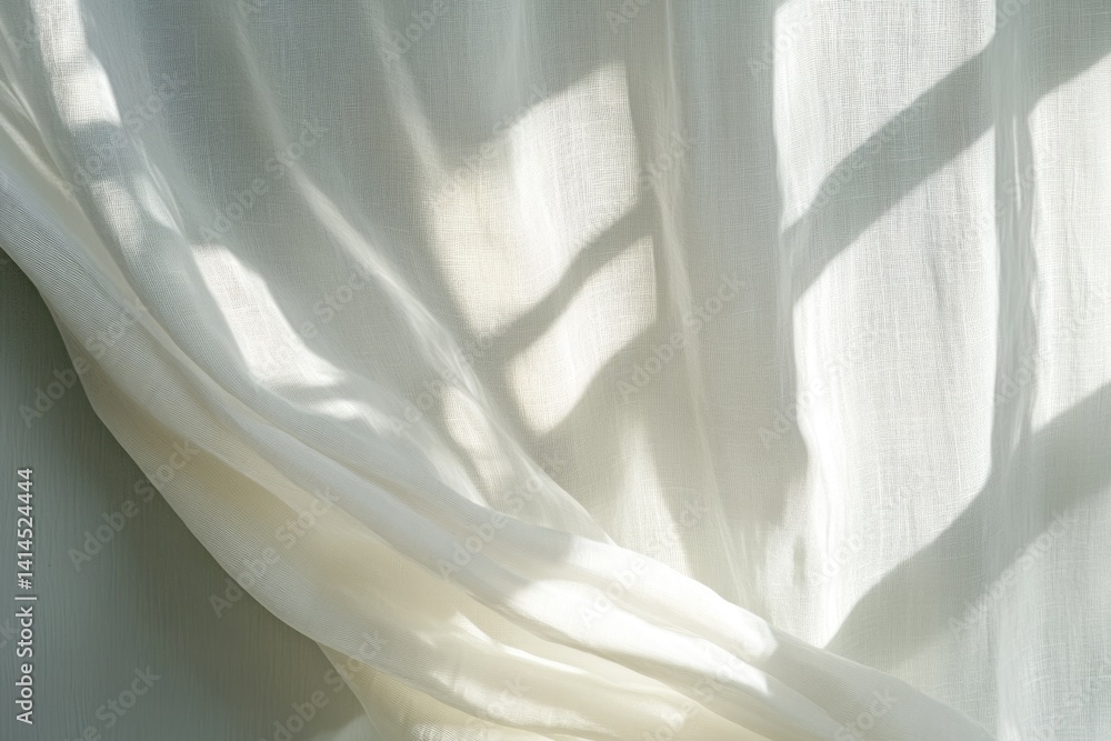 Poster sunlight streams through sheer white curtains, casting delicate shadows on the fabric's soft folds.
