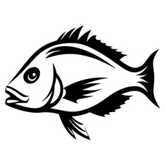 Black and white stylized vector drawing of a fish swimming towards the left