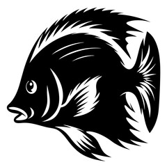 Stylized Monochrome Illustration of a Tropical Fish Swimming to the Left