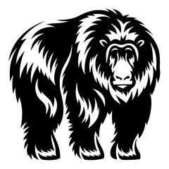 Black and white vector image of a stout and furry muskox