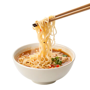 a bowl of instant noodles being lifted by chops isolated on white background, PNG