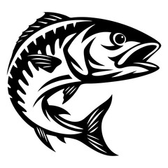 A striking black and white illustration of a powerful, leaping fish design