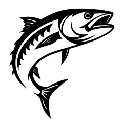 Black and White Tuna Fish Jumping Illustration with an Open Mouth