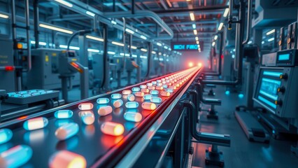 Glowing digital tablets move along a futuristic conveyor line. The image symbolizes breakthrough technologies in pharmaceuticals. Combination of medicine and digitalization.