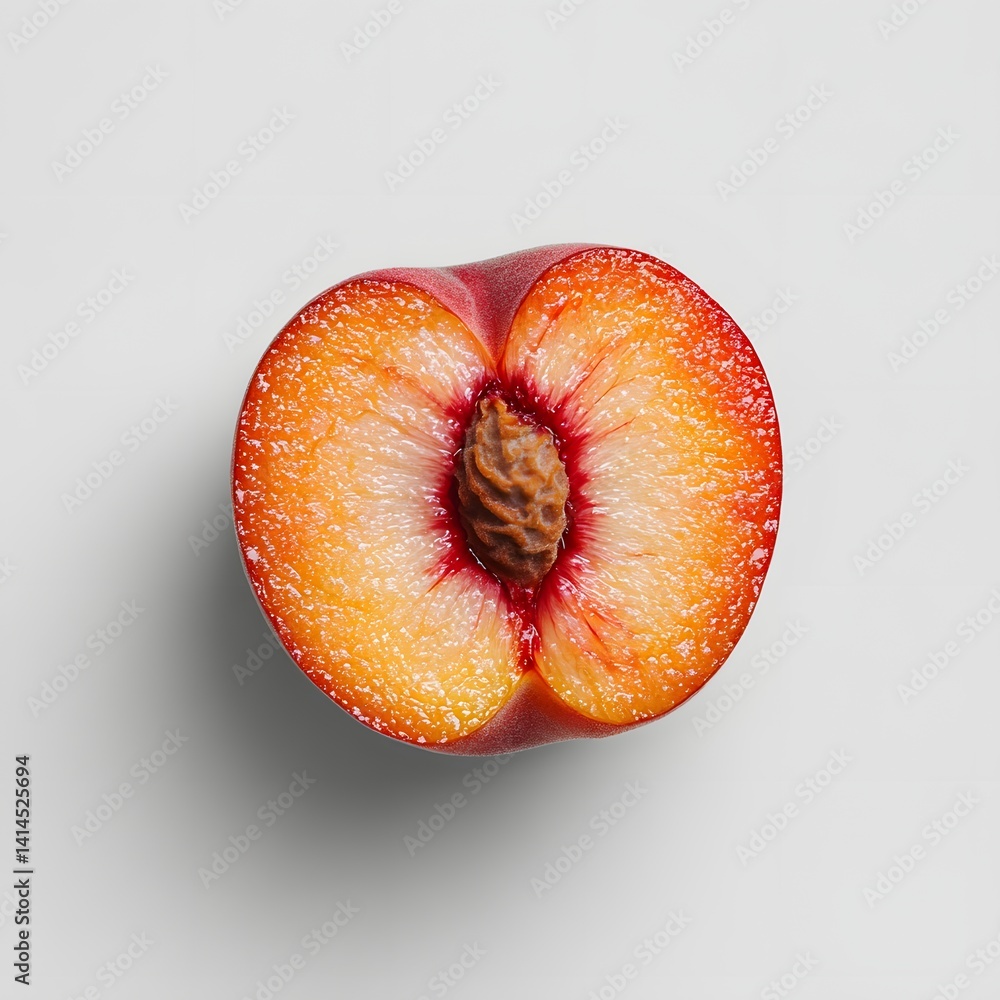 Poster close-up of a halved nectarine showcasing its rich, orange flesh and a dark brown pit. the image is 