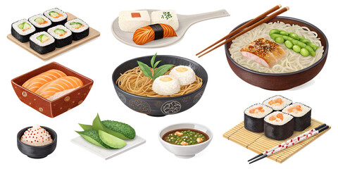 Set on Japanese food on a transparent background