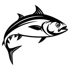 Black and white vector illustration of a stylized leaping tuna fish
