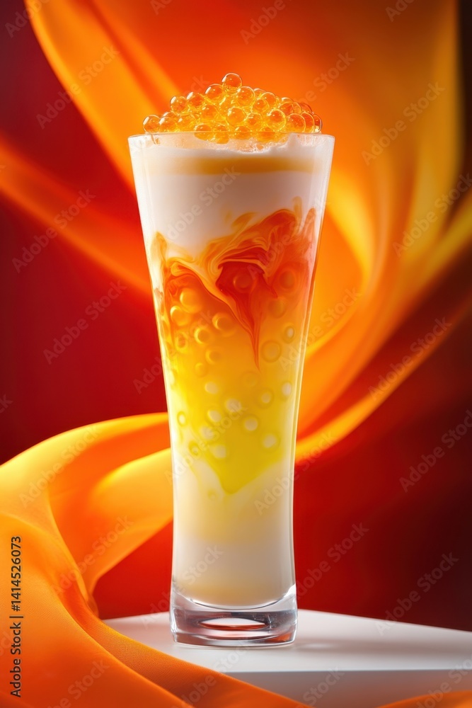 Poster refreshing layered drink with orange caviar topping and swirling colors against vibrant abstract bac
