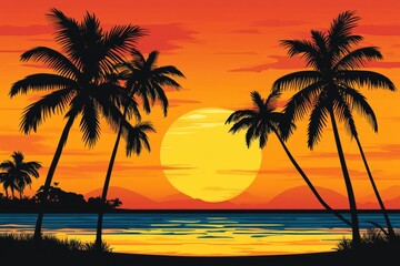 Tropical Paradise A Serene Sunset Beach Scene with Silhouetted Palm Trees