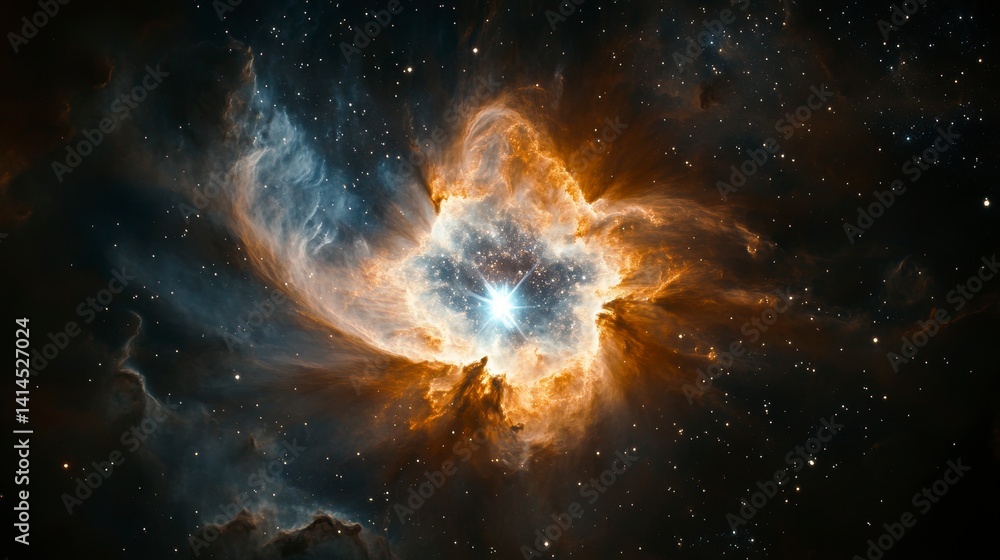 Poster a vibrant nebula, cosmic dust and gas swirling in a mesmerizing celestial display.