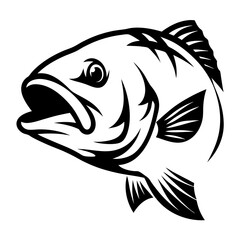 Detailed monochrome illustration of a bass fish head with open mouth