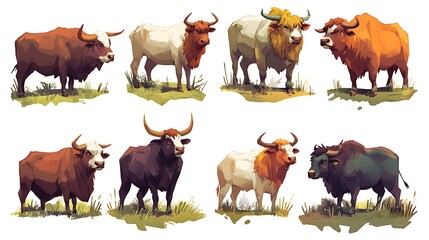 Obraz premium Eight Bulls with Various Breeds, and Pasture.