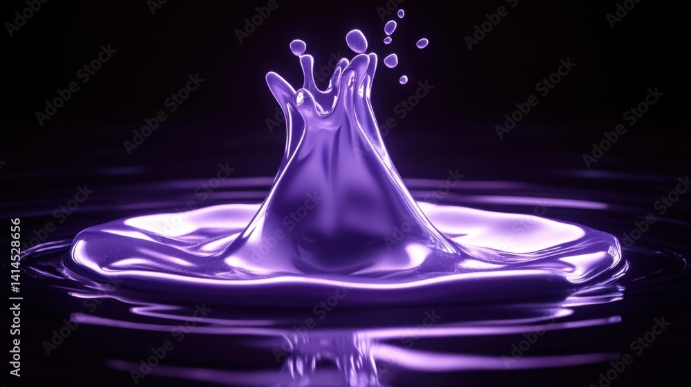 Poster captivating purple liquid splash on dark surface with dynamic droplets and smooth reflections artist