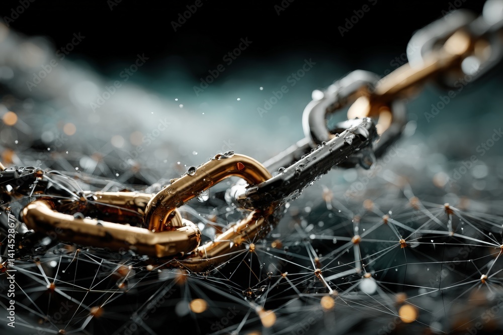 Poster a close-up of glimmering metal chains interlinked with droplets of water against a blurred backgroun