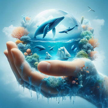 Human hand concept art showing eco-responsibility by holding a thriving marine ecosystem