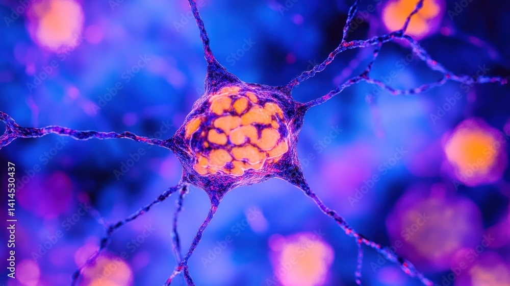 Poster microscopic view of neuron cell with synapses and axons