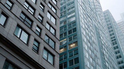 Tall city buildings rise towards the sky, their geometric designs merging into a modern urban tapestry of architectural lines and forms.