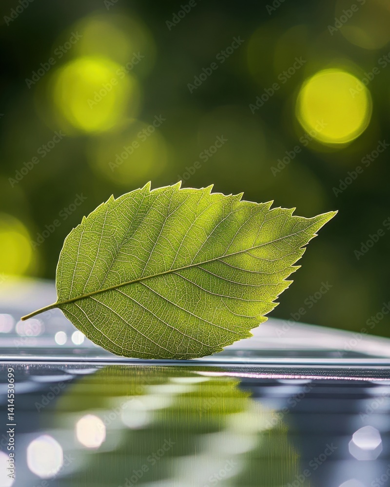 Aufkleber translucent leaf on reflective surface displaying intricate venation and vibrant color with bokeh ba