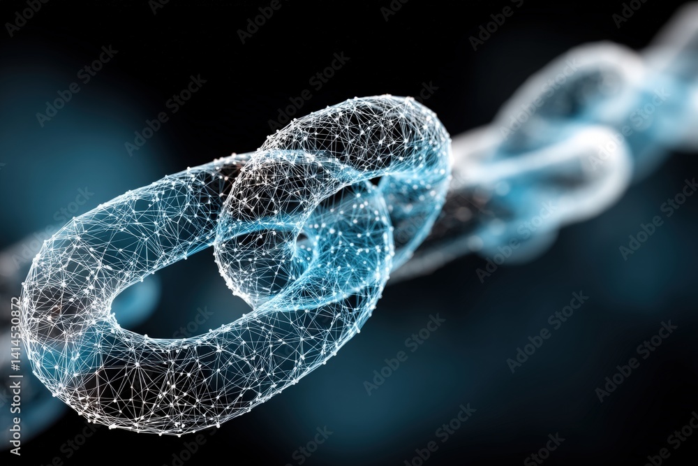 Poster a digital representation of a chain link, highlighting its interconnected structure and technologica