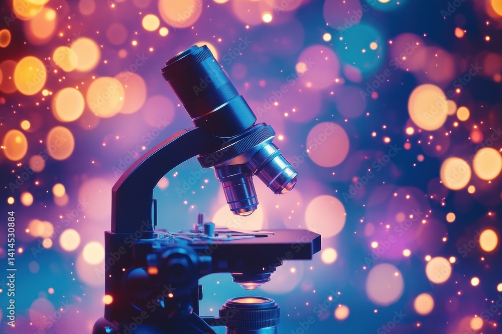 Poster bright and colorful microscope with glowing background creating a vibrant academic atmosphere
