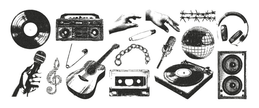 Vintage halftone music elements set. Vinyl record, cassette, speaker, radio, chain, microphone, microphone, chain, headphones. Trendy modern retro vector illustration.