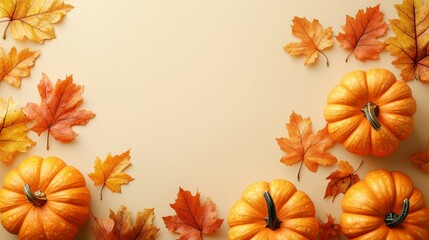 Vibrant Orange Pumpkins Surrounded by Autumn Leaves on Soft Beige Canvas