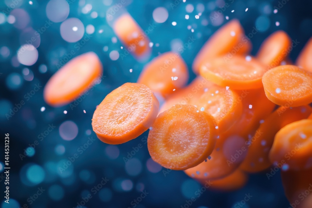 Poster Sliced carrots floating in air with a colorful background