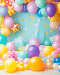 Festive Celebration with Colorful Balloons and Star Decorations for Birthday Party or Special Event Backdrop