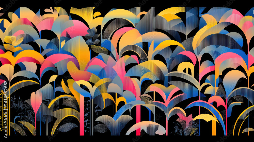Poster abstract colorful design with intricate layered shapes, vibrant hues, smooth curves, and a dynamic p