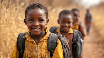 equality education volunteer service concept picture of poor African students walking along dirt path to school at Africa	