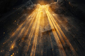 Fototapeta premium Golden light rays illuminate a dark, textured surface, creating a dramatic and mystical scene.