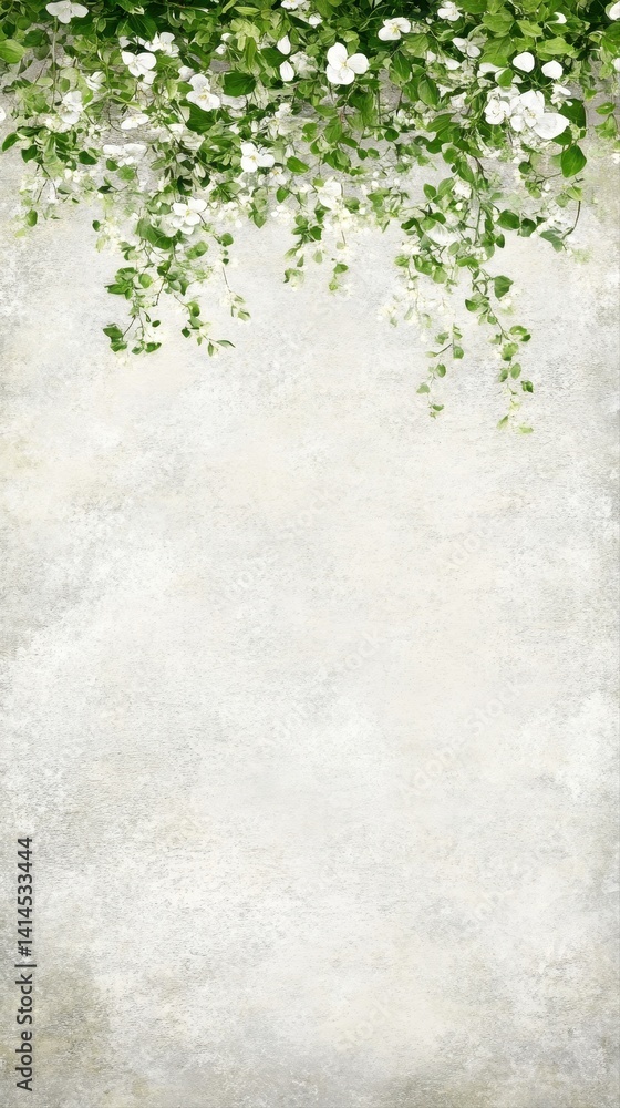 Poster an elegant creative space with copy space is accented by delicate green foliage, offe a natural fram