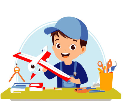 Happy Boy Building Model Airplane with Tools at Desk &ndash; Kids DIY Hobby and Craft Activity Illustration


