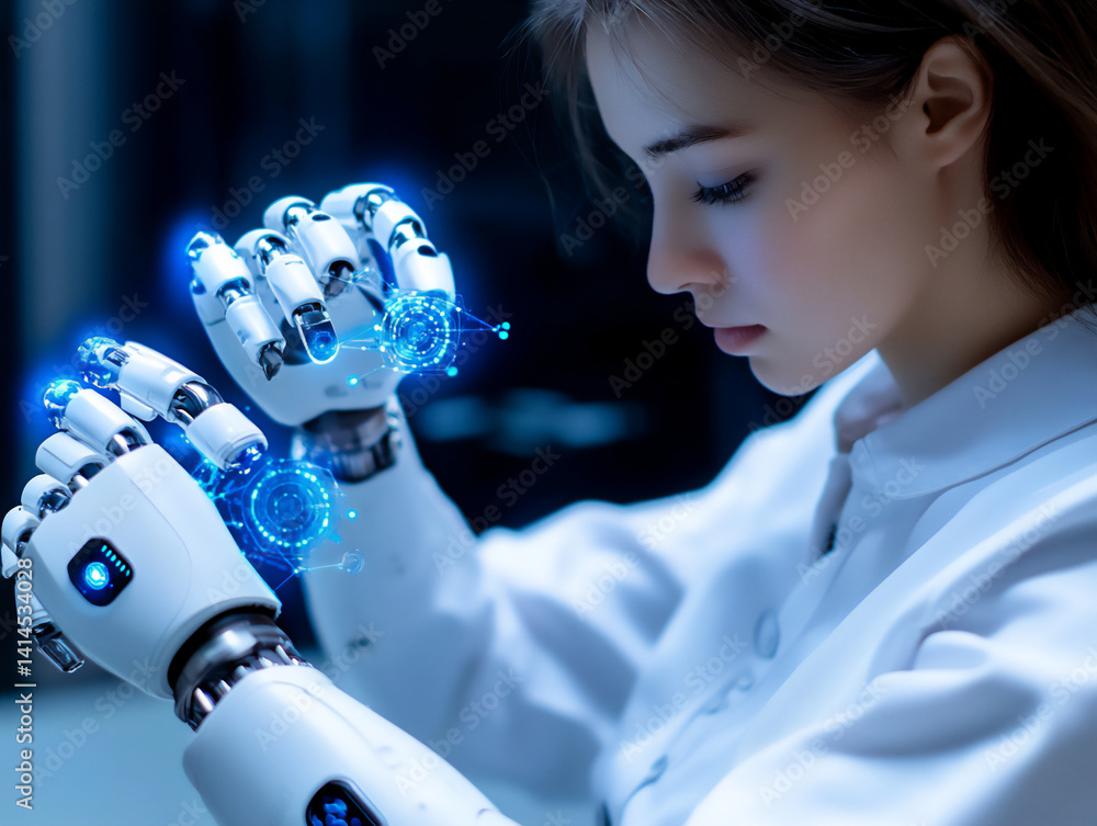 Aufkleber hands of robots touching on machine learning network connections highlight robotics transforming ind