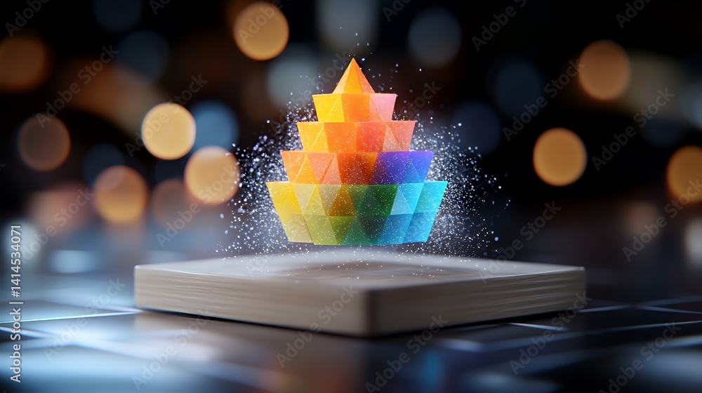 Poster colorful abstract pyramid geometric design with dynamic bokeh