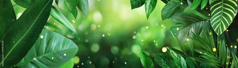 Poster lush green tropical leaves create a vibrant frame with bokeh, providing ample copy space for text or