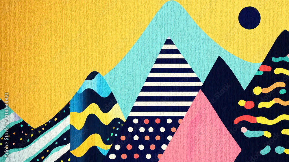 Poster vibrant abstract landscape with colorful mountain shapes in geometric patterns over bright backgroun