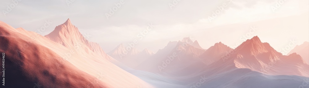 Poster pastel mountains fade into the soft pink sky, offe narrative visuals and copy space for text, ideal 