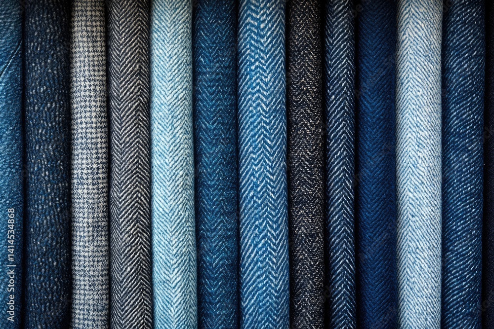 Poster a close-up view of various shades of blue textile rolls showcasing different patterns like herringbo
