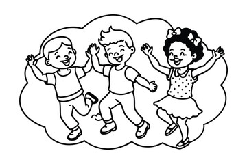 Happy Kids Playing Together Outline , children fun Line Art Vector Illustration, Joyful Children Jumping and Smiling – Cartoon Style Clipart, Fun Childhood Moments – Coloring Book Page Design for Kids