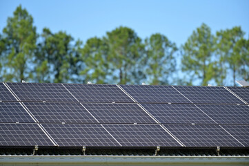 Solar panels on a roof against raw of green trees