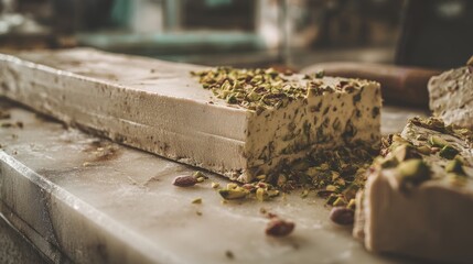 A block of luscious nougat adorned with chopped pistachios rests invitingly on marbled stone, promising a sweet indulgence.