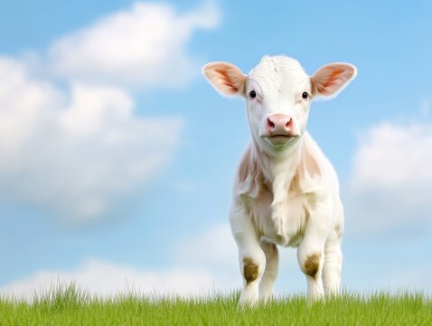 A charming white calf grazes peacefully on lush green pasture with a bright blue sky and fluffy clouds in sustainable farming, offe space for text on top.