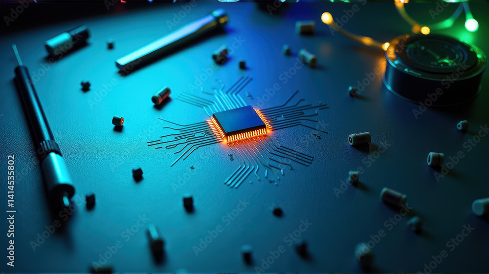 Poster circuit board with electronic components on table