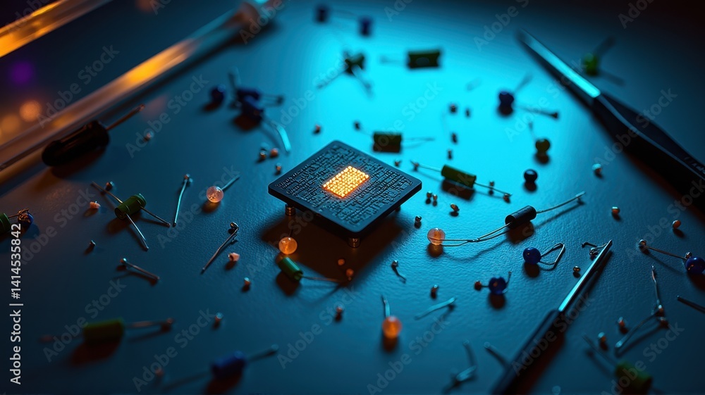 Poster close-up of circuit components on workbench surface