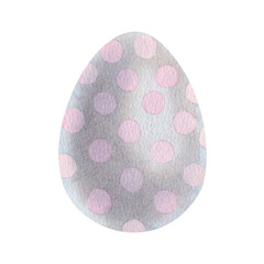 Grey chicken egg with pink polka dots. Hand drawn watercolor illustration of colored decorative element for spring holiday on isolated background. Perfect for Happy Easter greeting cards, invitations.