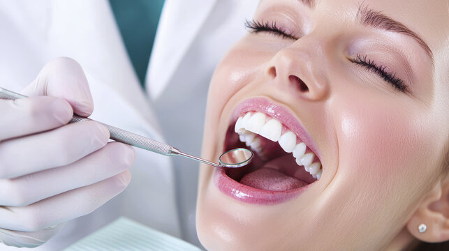 dental examination modern clinic with smiling woman. dentist uses mirror tool for inspection, showcasing bright, healthy smile
