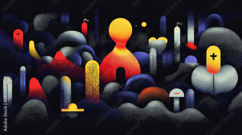 Poster colorful abstract digital art scene featu vibrant geometric shapes and glowing elements forming a fu